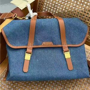 Songmont Blue Denim Tote with Tan Leather Accents